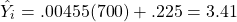 \[ \hat{Y}_i = .00455(700) + .225 = 3.41 \]